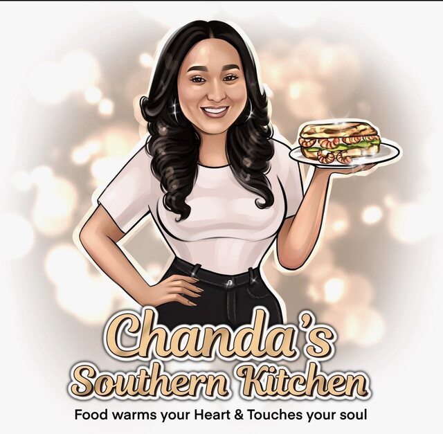 Chanda&rsquo;s Southern Kitchen logo: an illustration of Chanda holding a shrimp po&rsquo;boy
